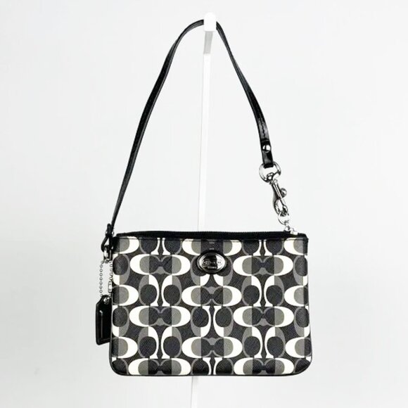 Coach Handbags - Coach Signature Monogram Black Gray White Canvas Patent Leather Zip Wristlet